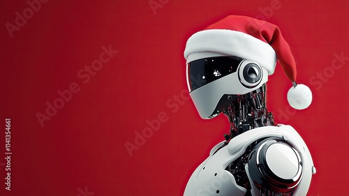 Robot wearing Santa hat on red background, A futuristic humanoid robot dressed in a Santa hat stands against a vibrant red background, symbolizing Christmas, technology, and innovation.

