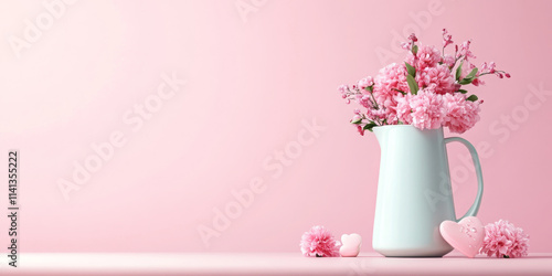 Fresh pink flowers in white pitcher with heart shaped decorations photo