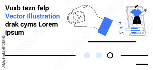 Hand holding clock, man presenting on smartphone, progress bars, text boxes. Ideal for time management, business presentations, virtual meetings, productivity, scheduling, planning, collaboration