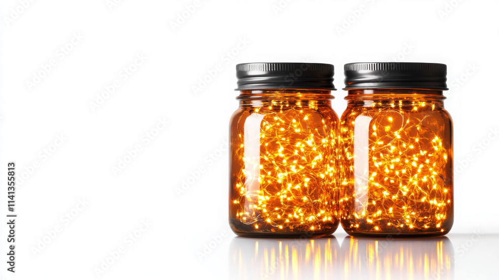 Bright mason jars filled with warm fairy lights create cozy atmosphere Bright mason jars filled with warm fairy lights create cozy atmosphere