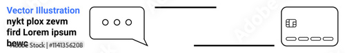 Chat bubble with three dots connected by lines to a credit card icon featuring chip and several smaller elements. Ideal for customer support, online transactions, e-commerce, communication, digital
