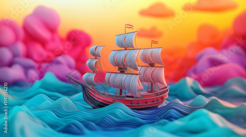 A 3D pirate ship sailing on 2D ocean waves under a colorful sky