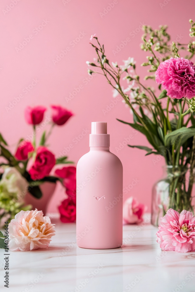 clean mockup of pink hair serum bottle surrounded by flowers clean mockup of pink hair serum bottle surrounded by flowers