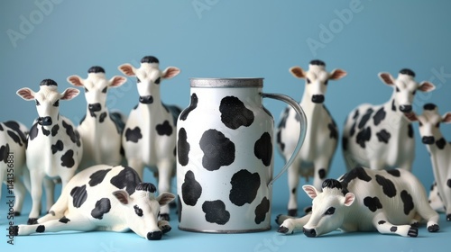 Milk jug surrounded by miniature cows on blue background. photo