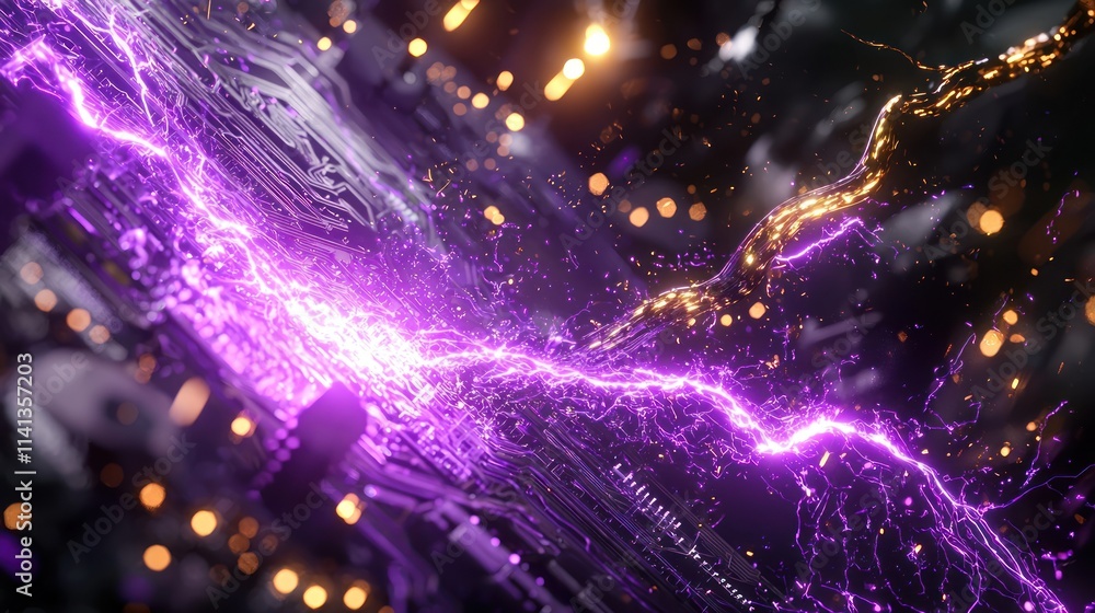 Fototapeta premium Abstract Digital Energy: Purple Lightning and Golden Flow
