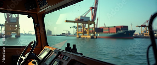 A ship's journey past towering cranes and cargo ships, a serene harbor scene unfolds. The calm waters reflect the sun's glow. photo