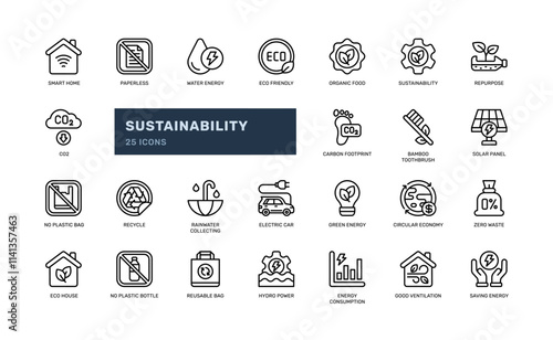 sustainability ecology environment save earth outline line icon set
