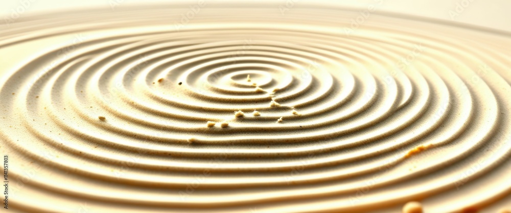 A close-up photograph of a circular ripple pattern on the surface of water, with concentric circles radiating outward from the center. The water is a light, creamy color, and the lighting is soft and A close-up photograph of a circular ripple pattern on the surface of water, with concentric circles radiating outward from the center. The water is a light, creamy color, and the lighting is soft and