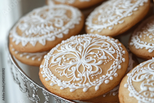 Delicate White Icing Decorates Round Brown Cookies