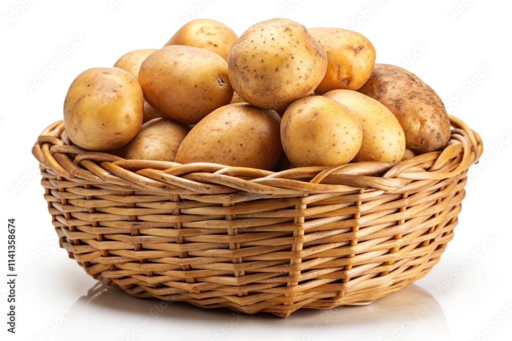High-detail image: potatoes nestled in a rustic wicker basket against a pure white backdrop. High-detail image: potatoes nestled in a rustic wicker basket against a pure white backdrop.