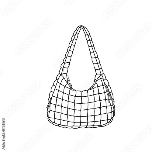 Quilted puffer tote bag for women, hobo bag, shoulder bag, tote bag puffy, tote bag with zipper line art. Outline vector doodle illustration front view, isolated on a white background