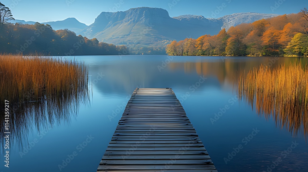 Serene autumn lake scene with wooden dock leading to mountain view. Serene autumn lake scene with wooden dock leading to mountain view.