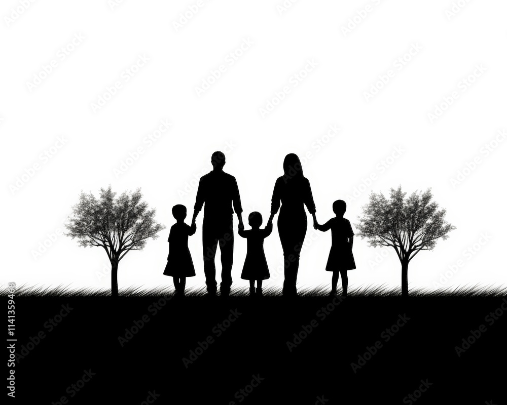 Family Silhouette Walking Together in Nature with Trees and Grass Family Silhouette Walking Together in Nature with Trees and Grass
