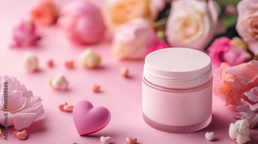 cream jar surrounded by pink flowers and heart shaped decorations, evoking love cream jar surrounded by pink flowers and heart shaped decorations, evoking love