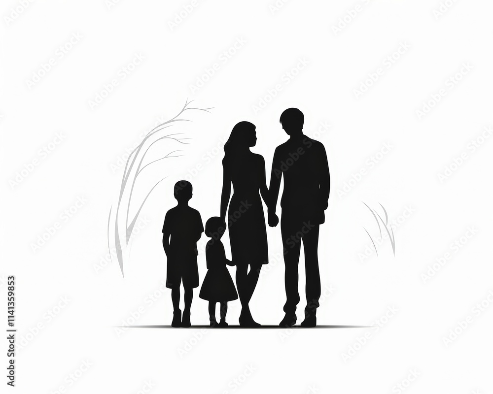 Family Silhouette Holding Hands with Children in a Minimalist Design Family Silhouette Holding Hands with Children in a Minimalist Design