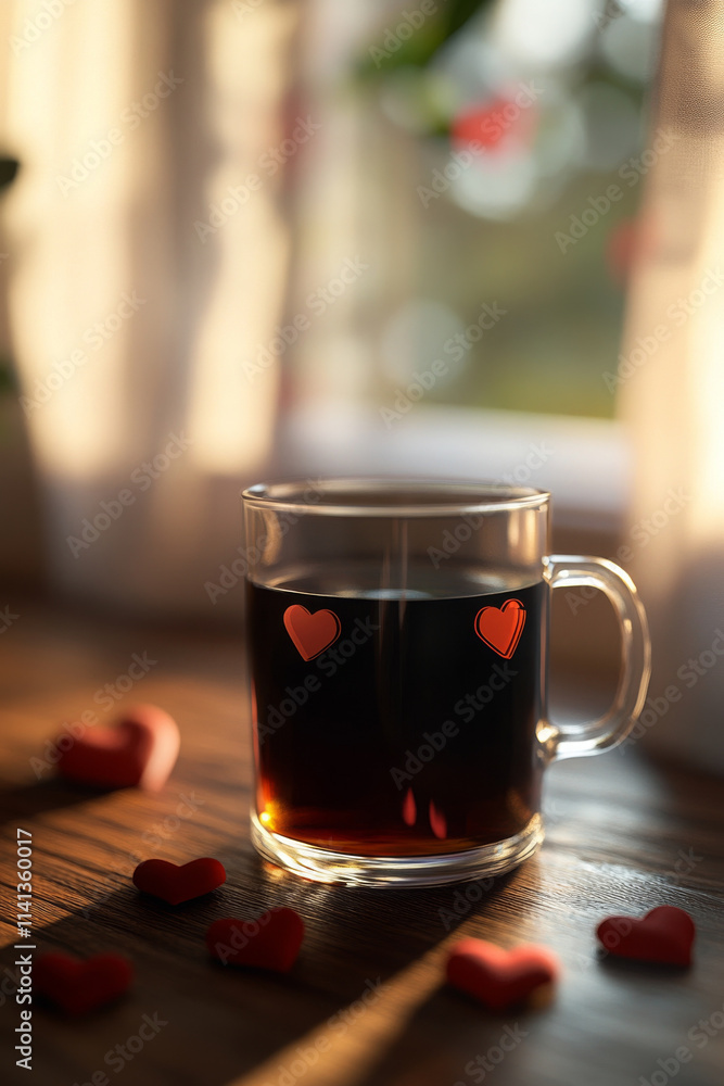glass coffee mug with heart decorations, surrounded by heart shapes, evokes warmth glass coffee mug with heart decorations, surrounded by heart shapes, evokes warmth