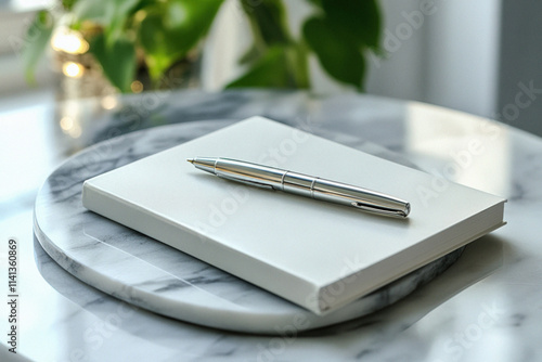 Elegant Silver Pen Rests on White Notebook photo