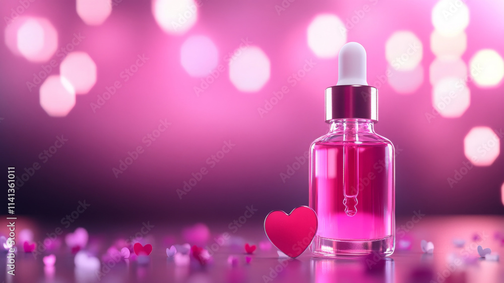 vibrant bottle of face oil surrounded by heart shaped decorations, evoking love vibrant bottle of face oil surrounded by heart shaped decorations, evoking love
