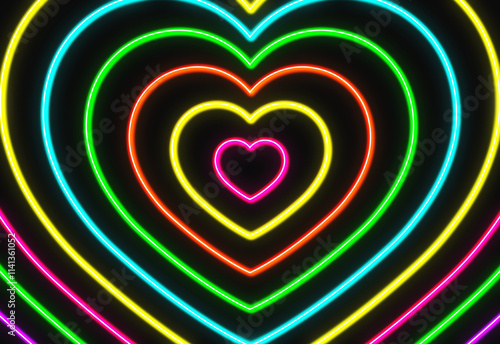 multiply color neon heart shape 3D Rendering in Perspective Tunnel	
