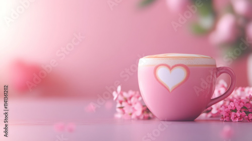 pink latte art coffee cup with heart design, surrounded by flowers