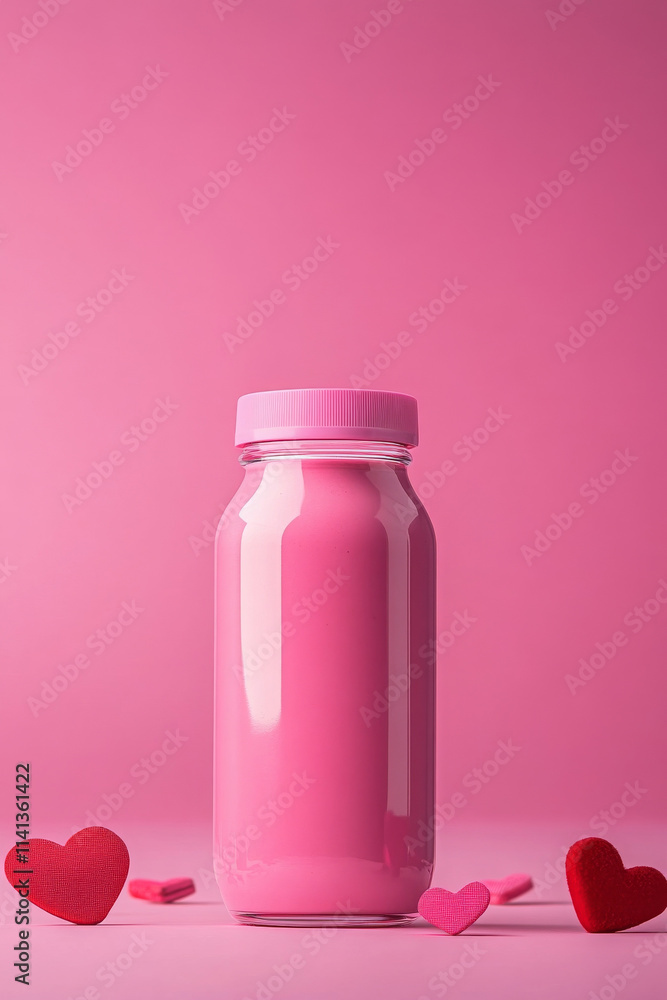 smooth pink bottle surrounded by red hearts on pink background smooth pink bottle surrounded by red hearts on pink background