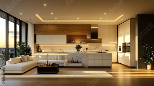 Wallpaper Mural Modern kitchen interior with elegant design and sunset lighting. Torontodigital.ca