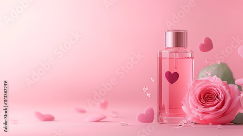 romantic pink perfume bottle with rose and heart shaped decorations