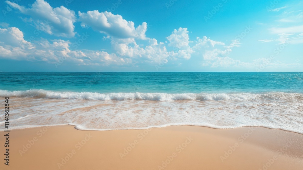 Fototapeta premium Serene Tropical Beach Scene: Calm Ocean Waves on Sandy Shore