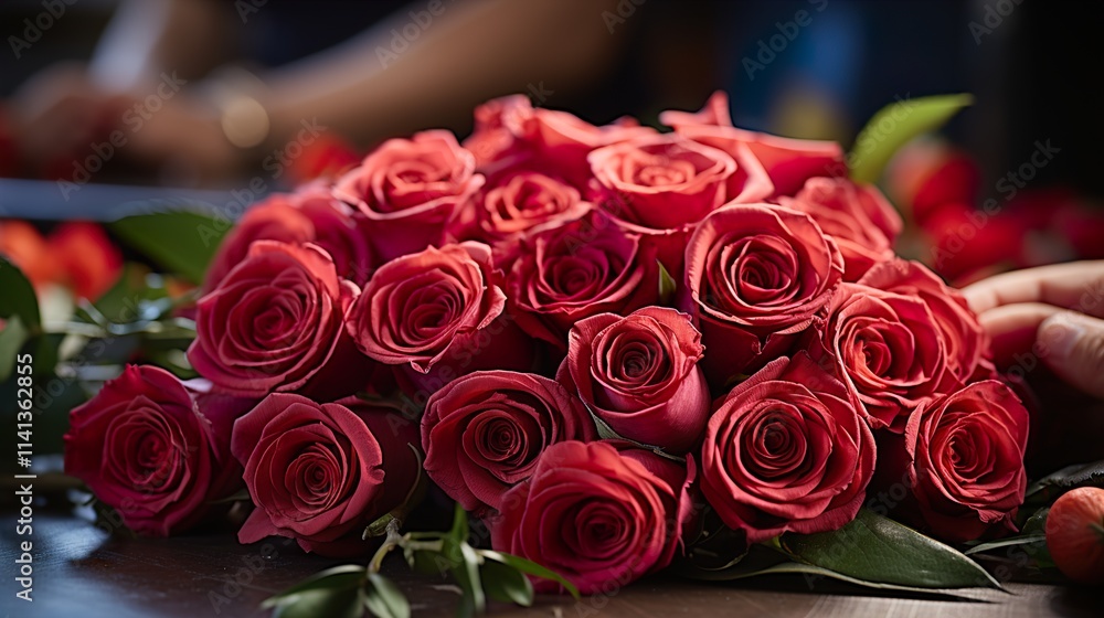 Fototapeta premium Unrecognizable woman making a bouquet of red roses 