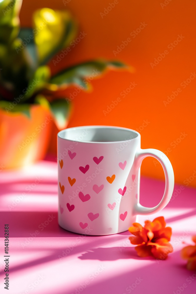colorful coffee mug with heart patterns on vibrant background colorful coffee mug with heart patterns on vibrant background