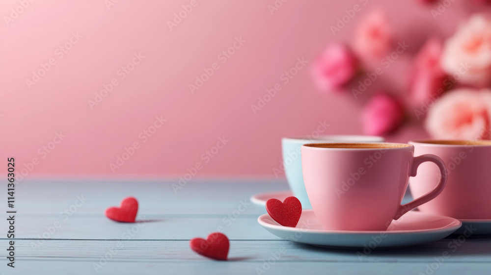Delicate espresso cups with hearts and flowers create romantic scene Delicate espresso cups with hearts and flowers create romantic scene
