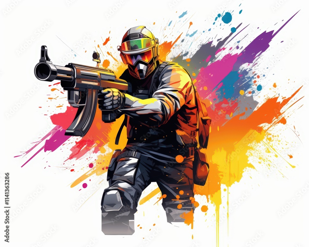 Dynamic Action Scene of Soldier with Weapon and Colorful Splashes Dynamic Action Scene of Soldier with Weapon and Colorful Splashes