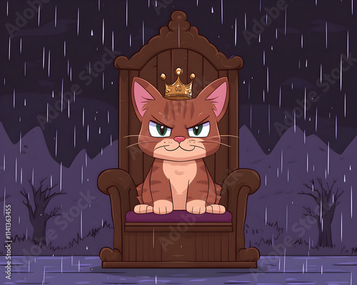 Grumpy Cat King Rain Throne Cartoon Illustration. photo