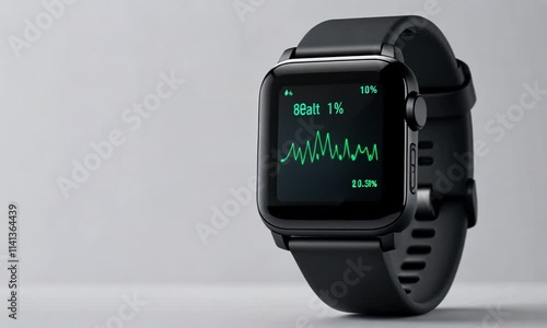 A sleek black smartwatch displaying health metrics and data on its screen.