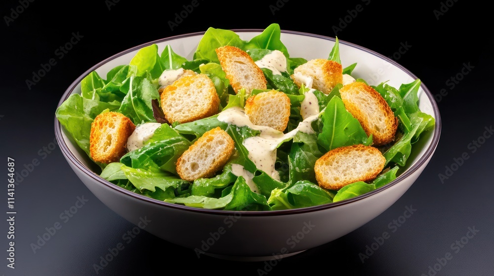 A fresh salad with croutons and dressing in a bowl. A fresh salad with croutons and dressing in a bowl.