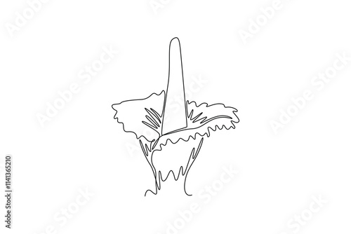 Single one line drawing of beauty fresh amorphophallus titanum home wall decor art poster print. Decorative titan arum flower for national park. Continuous line draw design graphic vector illustration