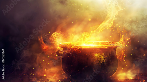 Magical Steam Rising from a Boiling Cauldron in a Dark Enchanted Setting

 photo