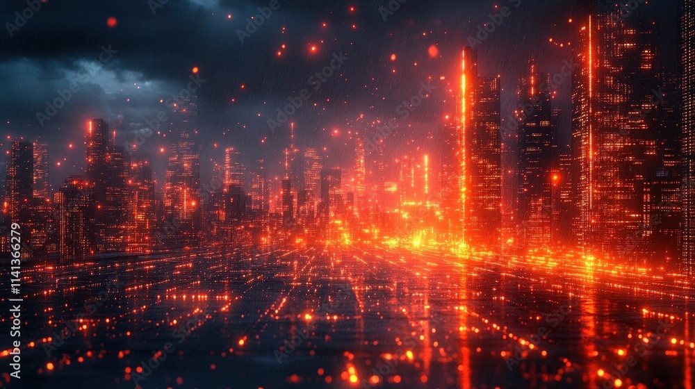 Fototapeta premium Rain-soaked city, fiery orange lights, futuristic.