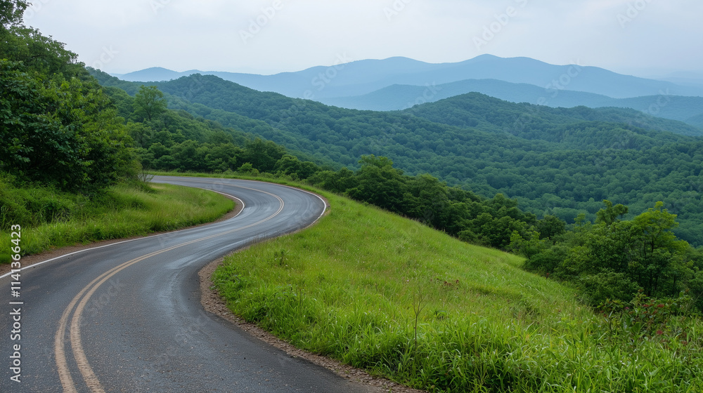 Winding Road Through Mountain Landscape: Scenic route through lush green mountain ranges with a winding asphalt road leading to a panoramic view. Serene and tranquil atmosphere. Winding Road Through Mountain Landscape: Scenic route through lush green mountain ranges with a winding asphalt road leading to a panoramic view. Serene and tranquil atmosphere.
