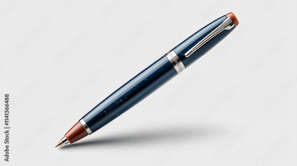 Sleek blue ballpoint pen floating and suspended against a clean white background in a minimalist studio setting Sleek blue ballpoint pen floating and suspended against a clean white background in a minimalist studio setting
