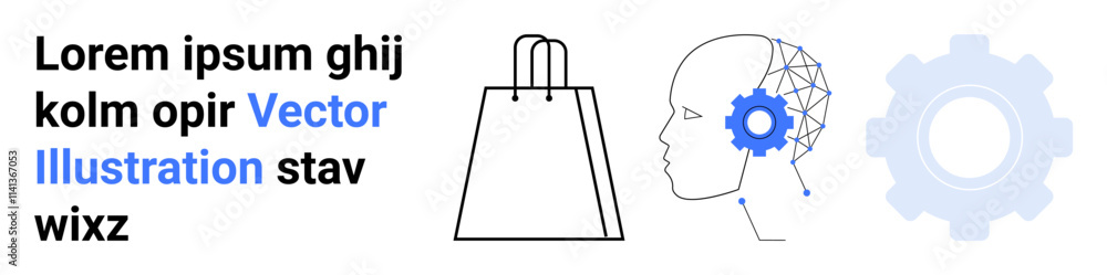 Shopping bag, human head with neural network and gear mechanism, and gear icon. Ideal for technology, AI, shopping experience, human-machine collaboration, futuristic concepts, e-commerce Shopping bag, human head with neural network and gear mechanism, and gear icon. Ideal for technology, AI, shopping experience, human-machine collaboration, futuristic concepts, e-commerce