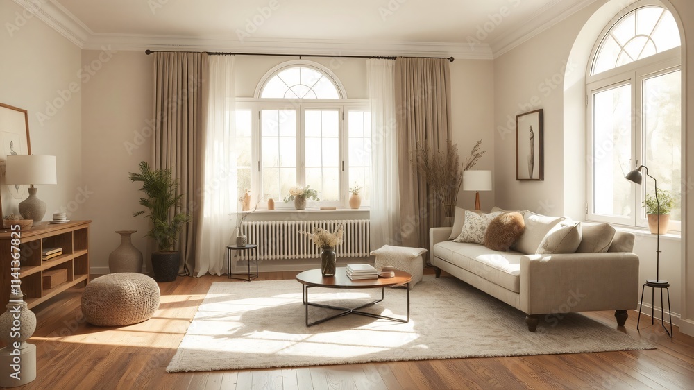 Fototapeta premium Cozy living room with large windows and warm sunlight in elegant home decor