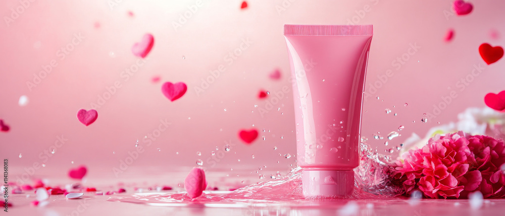 sleek and clean shoot of face wash tube surrounded by hearts and flowers sleek and clean shoot of face wash tube surrounded by hearts and flowers
