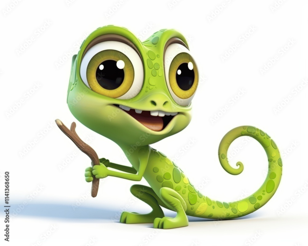 Fototapeta premium Cute Cartoon Chameleon Holding Stick with Big Eyes and Smile
