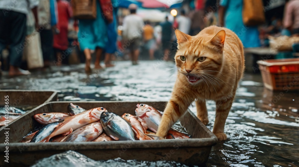 Cat exploring a bustling fish market filled with vendors and shoppers during a lively afternoon Cat exploring a bustling fish market filled with vendors and shoppers during a lively afternoon