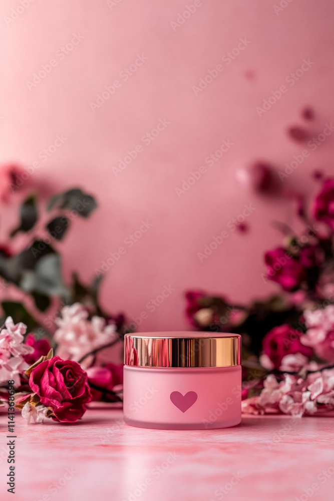 sleek pink facial cream jar surrounded by beautiful flowers and greenery sleek pink facial cream jar surrounded by beautiful flowers and greenery