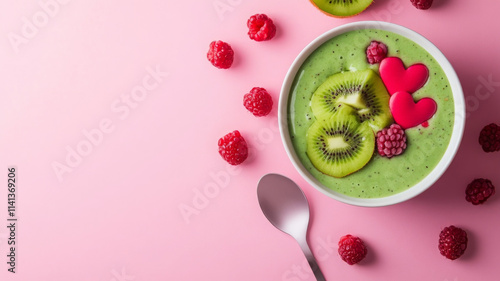 vibrant smoothie bowl with kiwi, raspberries, and heart shaped toppings photo