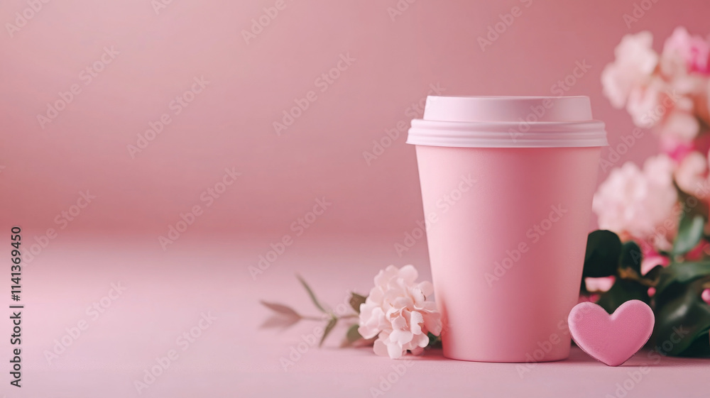 sleek pink travel coffee cup with flowers and heart shape sleek pink travel coffee cup with flowers and heart shape