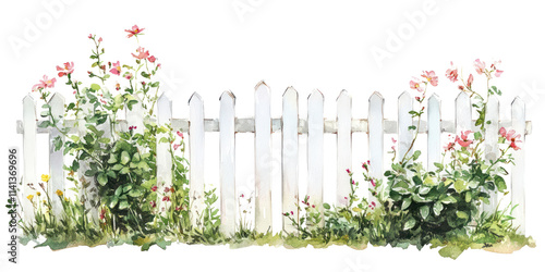 PNG  White wooden garden fence with flowers bushes illustration watercolor art. photo