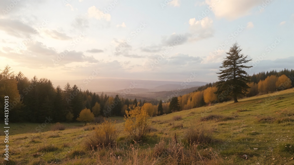 Colorful landscape at sunset with rolling hills and trees in the distance Colorful landscape at sunset with rolling hills and trees in the distance